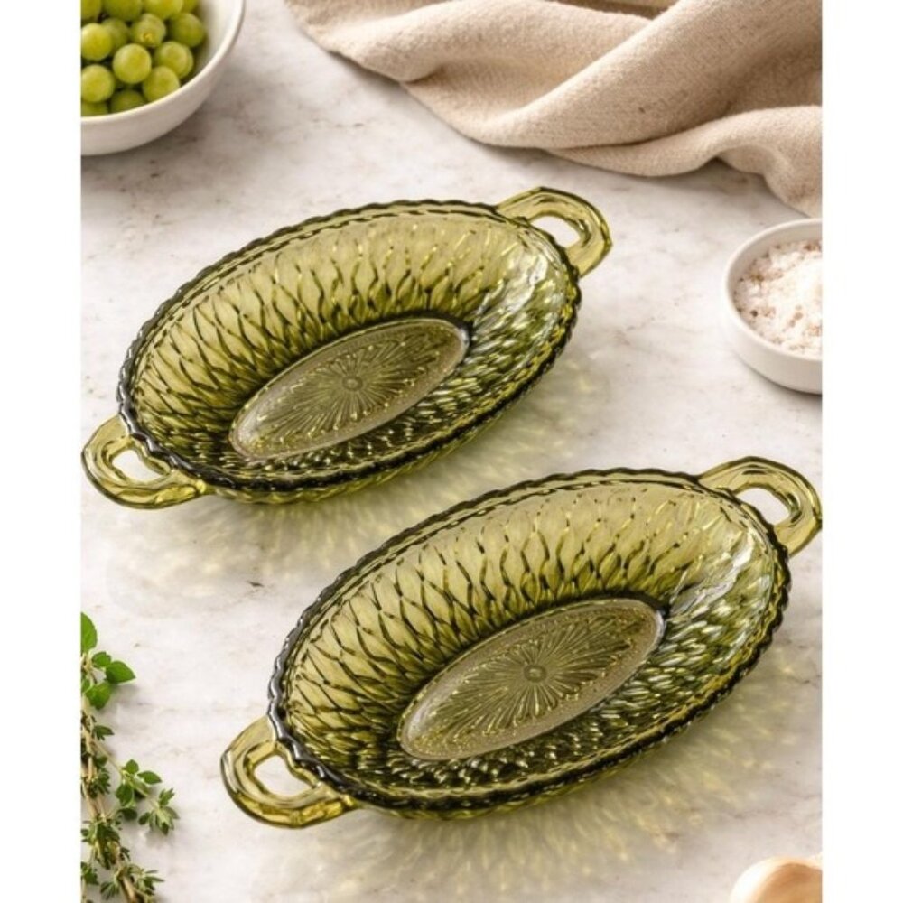 2 Vintage 1960s Indiana Glass Green Honeycomb Relish/Pickle Handled Dish